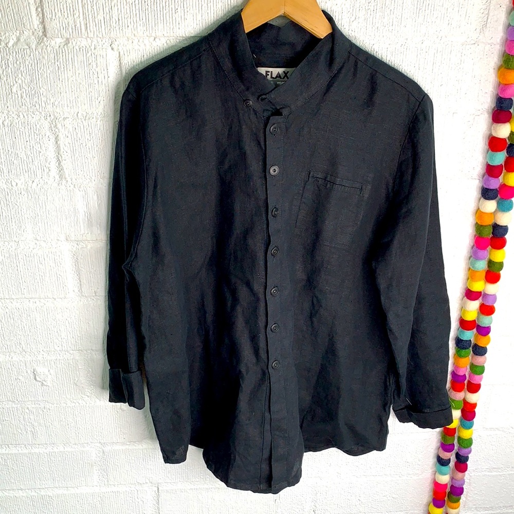 Flax Black Button Up Linen Tunic Top Blouse sz S